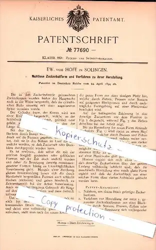 Original Patent -  EW. vom Hofe in Solingen , 1894 , Zuckerhutform !!!