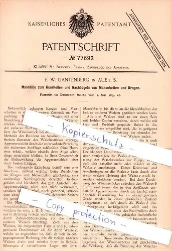 Original Patent - F. W. Gantenberg in Aue i. S. , 1894 , Nachbügeln von Manschetten und Kragen !!!