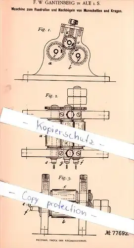 Original Patent - F. W. Gantenberg in Aue i. S. , 1894 , Nachbügeln von Manschetten und Kragen !!!