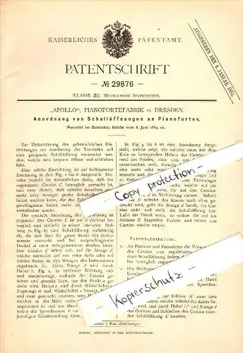 Original Patent - "Apollo" Pianoforte-Fabrik in Dresden , 1884 , Schallöffnungen an Pianofortes , Piano , Klavier !!!