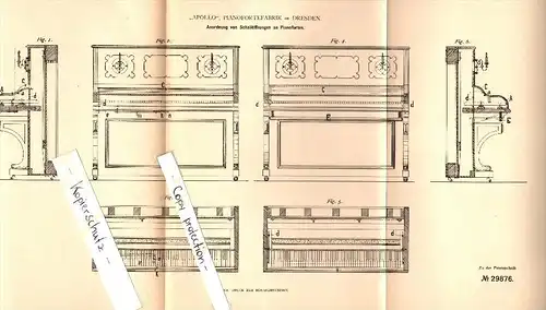 Original Patent - "Apollo" Pianoforte-Fabrik in Dresden , 1884 , Schallöffnungen an Pianofortes , Piano , Klavier !!!