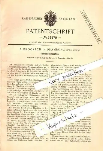 Original Patent - A. Brocksch in Dramburg / Drawsko Pomorskie , 1883 , Getreidemaschine . Agrar , Landwirtschaft !!!