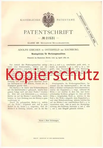 Original Patent - A. Emichen in Osterfeld bei Naumburg , 1882 , Werkzeugmaschinen !!!
