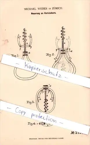 Original Patent -  Michael Weber in Zürich , 1882 ,  Korkenzieher !!!