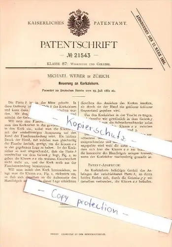 Original Patent -  Michael Weber in Zürich , 1882 ,  Korkenzieher !!!