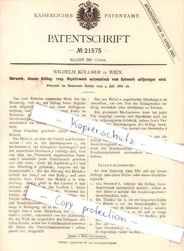 Original Patent - Wilhelm Köllmer in Wien , 1882 , Uhrwerk , Uhren , Uhrmacher  !!!