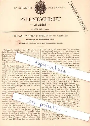 Original Patent - H. Wetzer in Pfronten bei Kempten , 1882 , Neuerungen an elektrischen Uhren !!!