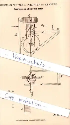 Original Patent - H. Wetzer in Pfronten bei Kempten , 1882 , Neuerungen an elektrischen Uhren !!!