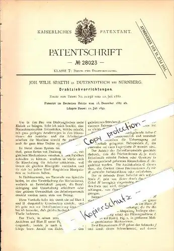 Original Patent - J.W. Spaeth in Dutzendteich b. Nürnberg , 1883 , Drahtziehvorrichtung , Metallbau !!!