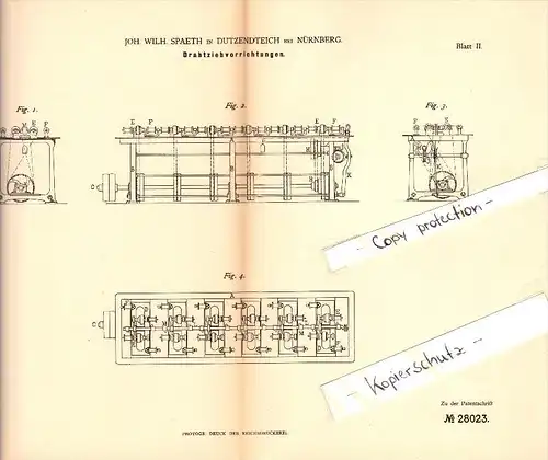 Original Patent - J.W. Spaeth in Dutzendteich b. Nürnberg , 1883 , Drahtziehvorrichtung , Metallbau !!!