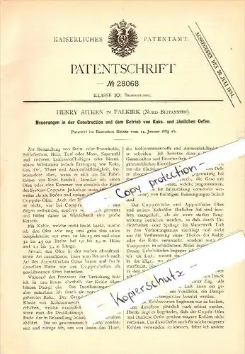 Original Patent - Henry Aitken in Falkirk , Scotland , 1883 , Construction of coke ovens !!!