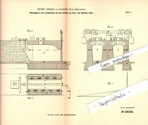 Original Patent - Henry Aitken in Falkirk , Scotland , 1883 , Construction of coke ovens !!!