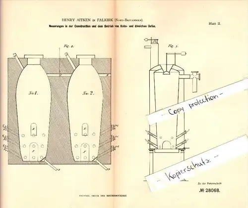 Original Patent - Henry Aitken in Falkirk , Scotland , 1883 , Construction of coke ovens !!!