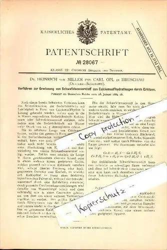 Original Patent - Dr. Heinrich von Miller und Carl Opl in Hruschau , 1884 , Gewinnung von Schwefelwasserstoff , Sodabrik