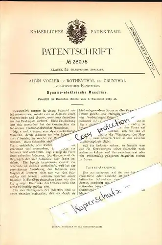Original Patent - Albin Vogler in Rothenthal bei Olbernhau im Erzgebirge , 1883 , Dynamomaschine , Grünthal !!!