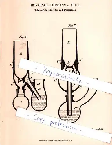 Original Patent - Heinrich Bullermann in Celle , 1893 , Tabakspfeife mit Filter und Wassersack , Wasserpfeife !!!