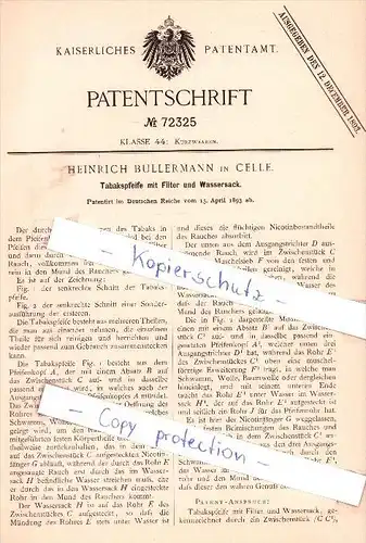Original Patent - Heinrich Bullermann in Celle , 1893 , Tabakspfeife mit Filter und Wassersack , Wasserpfeife !!!