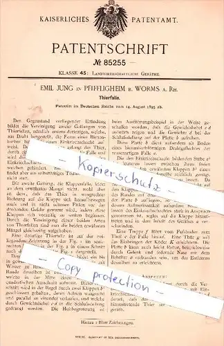 Original Patent - Emil Jung in Pfiffligheim b. Worms a. Rh. , 1895 , Thierfalle !!!