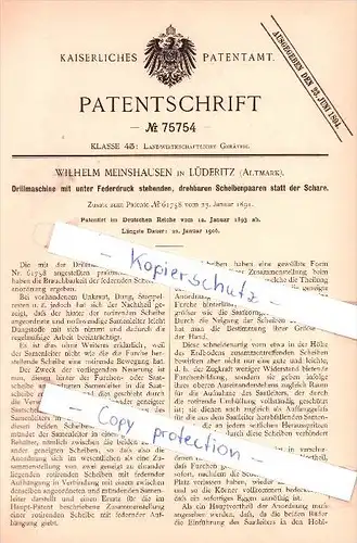 Original Patent - Wilhelm Meinshausen in Lüderitz b. Tangerhütte , Altmark , 1893 , Drillmaschine !!!