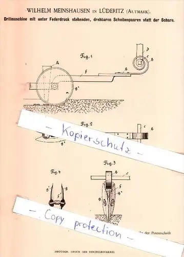 Original Patent - Wilhelm Meinshausen in Lüderitz b. Tangerhütte , Altmark , 1893 , Drillmaschine !!!