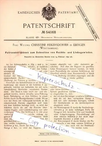 Original Patent - C. Reikersdorfer in Ebingen b. Albstadt , Württemberg , 1890 , Patronendrehbank !!!