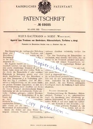 Original Patent - J. Kauffmann in Soest , Westfalen , 1891 , Trocknen von Biertrebern !!!
