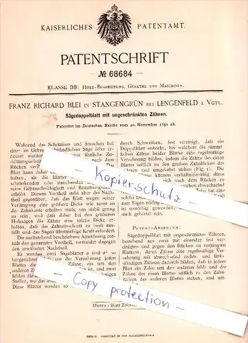 Original Patent - F. R. Blei in Stangengrün bei Lengenfeld i. Vgtl. , 1892 , Sägedoppelblatt !!!