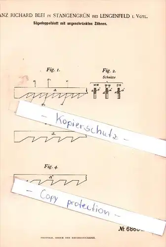 Original Patent - F. R. Blei in Stangengrün bei Lengenfeld i. Vgtl. , 1892 , Sägedoppelblatt !!!