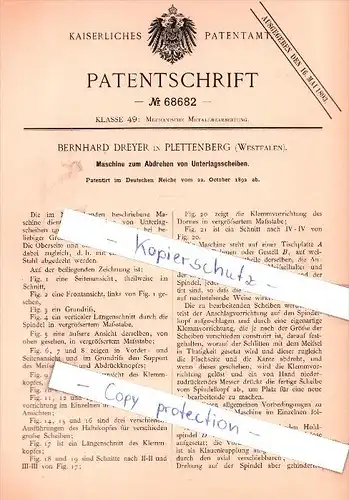 Original Patent - B. Dreyer in Plettenberg , Westfalen , 1892 , Abdrehen von Unterlagsscheiben !!!