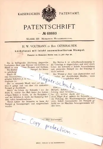 Original Patent - H. W. Voltmann in Bad Oeynhausen , 1892 , Lochstanze mit Stempel !!!