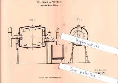 Original Patent - W. Moll in Witten b. Arnsberg , 1898 , Röst- und Dörrvorrichtung !!!