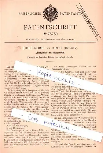 Original Patent - Emile Gobbe in Jumet , Belgien , 1892 , Gaserzeuger mit Recuperator !!!