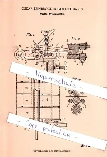 Original Patent - Oskar Leinbrock in Gottleuba i. s. ,1901 , Wäsche-Wringmaschine !!!