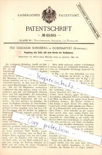 Original Patent - Per Theodor Sundberg in Domnarfvet , Schweden , 1892 , Seilbahn , Borlänge !!!