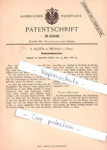 Original Patent - A. Schyia in Neusalz a. Oder  / Nowa Sól , 1888 , Brodschneidemaschine !!!