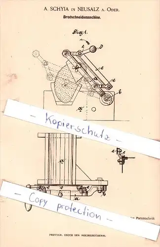 Original Patent - A. Schyia in Neusalz a. Oder  / Nowa Sól , 1888 , Brodschneidemaschine !!!