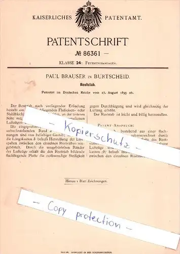 Original Patent - Paul Brauser in Burtscheid , 1895 ,  Roststab , Aachen !!!