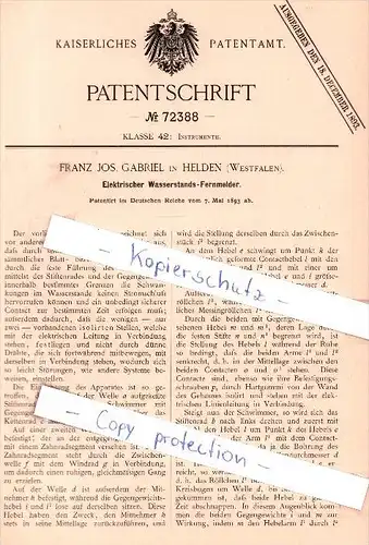 Original Patent - Franz Jos. Gabriel in Helden b.  Attendorn  , Westfalen , 1893 , Wasserstands-Fernmelder !!!