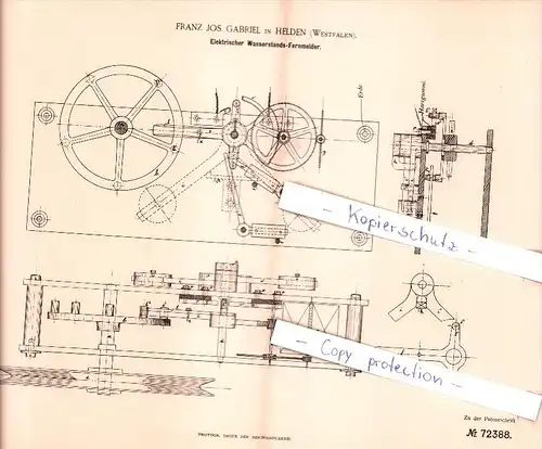 Original Patent - Franz Jos. Gabriel in Helden b.  Attendorn  , Westfalen , 1893 , Wasserstands-Fernmelder !!!