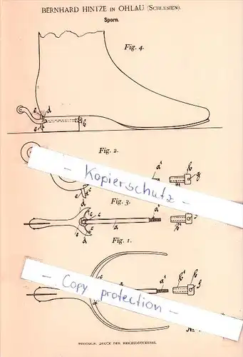 Original Patent - Bernhard Hinze in Ohlau / Olawa , Schlesien , 1893 , Sporn !!!