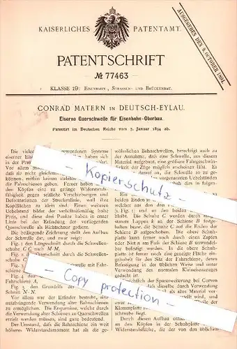 Original Patent - Conrad Matern in Deutsch-Eylau , 1894 ,  Querschwelle für Eisenbahn-Oberbau !!!