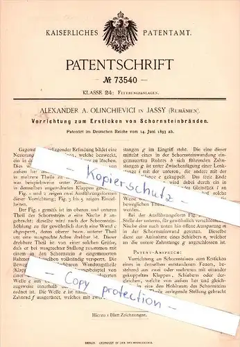 Original Patent - A. A. Olinchievici in Jassy / Iasi , Rumänien , 1893 , Ersticken von Schornsteinbränden !!!