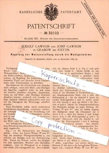 Original Patent - R. und J. Gawron in Grabow bei Stettin  , 1885 , Walzenstellung , Mühlen !!!