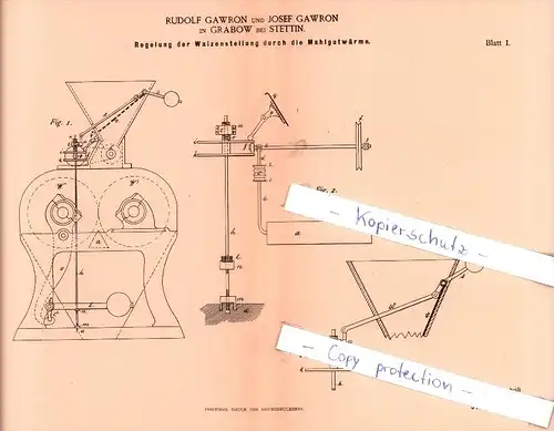 Original Patent - R. und J. Gawron in Grabow bei Stettin  , 1885 , Walzenstellung , Mühlen !!!