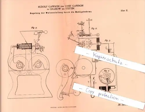 Original Patent - R. und J. Gawron in Grabow bei Stettin  , 1885 , Walzenstellung , Mühlen !!!