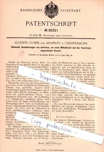 Original Patent - A. Glomb geb. Adamson in Greifenhagen / Gryfino , 1895 , Stehender Dampferzeuger , Pommern !!!