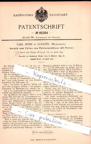 Original Patent - C. Horn in Strasen b. Wesenberg i. Mecklenburg , 1895 , Füllen von Patronenhülsen mit Pulver !!!