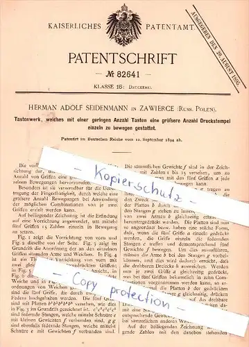 Original Patent - H. A. Seidenmann in Zawierce , Russ. Polen , 1894 , Tastenwerk , Druckerei  !!!