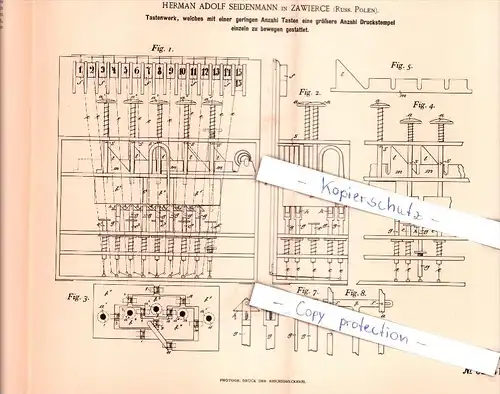 Original Patent - H. A. Seidenmann in Zawierce , Russ. Polen , 1894 , Tastenwerk , Druckerei  !!!