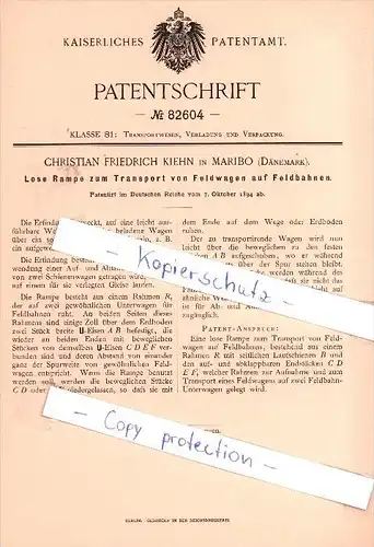 Original Patent - C. F. Kiehn in Maribo , Dänemark , 1894 , Lose Rampe , Transportwesen !!!